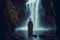 man meditating near the waterfall with emanating calming energy. Calming unity with nature concept.