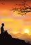 Man meditating in sitting yoga position on the top of a mountains above clouds at sunset. Zen, meditation, peace, Vector illustrat