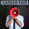 Man with megaphone and words CAREER FAIR on background