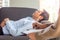 The man with mental illness sleep with a relaxed posture, consult and listen to the guidelines to solve the illness of the