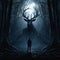 A man met a giant forest spirit in the forest at night. Art in the style of dark fantasy and thriller