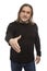 A man with middle-aged long hair stretches out his hand for a greeting. Isolated on a white background.