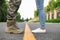 Man in military uniform and young woman separated by line on road, closeup
