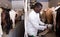 Man milking goats on farm