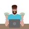 Man with money behind a laptop is pleased with a smile. Cartoon flat design people, vector illustration