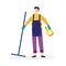 Man with mop busy with domestic chores, flat vector illustration isolated.