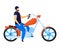 Man at motorcycle bike, vector illustration. Biker character ride motorbike, travel transportation at speed, isolated on