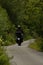 A man on a motorcycle rides on asphalt road between the trees.