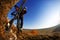 Man on mountain bike on the background of beautiful sunset. Bicycle wheel closeup.