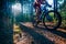 Man on mountain bike rides on the trail through the woods while moving extremely fast