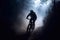 Man Mountain Biking on a Trail in Early Morning with Mist and Backlight, Generative AI