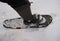 Man moves on snowshoes in the snow