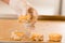 Man moving a cookie with caramelized milk dulce de leche and coconut, Argentine Cookies Alfajores