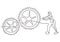 Man with moving gears wheels in continuous line drawing minimalist design. Round wheel metal symbol company logotype template for