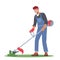 Man Mow Lawn in Garden or Public City Park. Gardener, Cottager or Worker Character Use Grass Trimmer for Landscaping