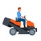 Man mowing grass with lawn mower tractor, male farmer and driver riding lawnmower machine