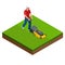 Man mowing the lawn with yellow lawn mower in summertime. Lawn grass service concept. Isometric vector illustration