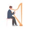Man Musician Playing Harp, Classical Music Performer Character with Musical Instrument Flat Style Vector Illustration