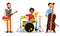 Man Musicians Playing Musical Instruments And Singing On Stage Vector Illustration Set