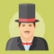 Man with mustache in top hat flat icon. Magician character.