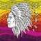 Man in the Native American Indian chief on ethno pattern, tribal background. Indian feather headdress