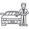 Man with new car,auto dealership,buying a vehicle vector line icon, sign, illustration on background, editable strokes