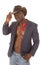 Man no shirt suitcoat bowtie hat serious