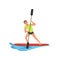 Man with an oar in hands standing on a surfboard, water sport activity vector Illustration on a white background