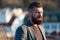 Man observing sunset. Guy stylish long beard. Fresh haircut. Man bearded hipster with mustache defocused background