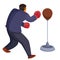 A man in office clothes is standing back to us and beating a sports punching bag with boxing gloves, aggression, defense