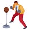 A man in office clothes stands in front of us and hits a sports punching bag with boxing gloves, aggression, defense