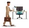 Man office reading paper suitcase desk armchair laptop