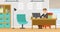 Man Office Worker Sitting at Table at Workspace Working Vector Illustration