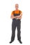 Man in orange and gray overall with wrench