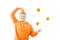 Man in orange hoody with oranges on white background