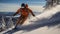 Man in orange jacket and helmet skiing downhill in high mountains