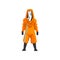 Man in Orange Protective Suit, Helmet and Mask, Chemical, Radioactive, Toxic, Hazardous Professional Safety Uniform