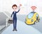 Man ordering driverless taxi using mobile application. Cartoon businessman character with smartphone and car on city