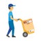 Man in overalls and cap pushes cart with box