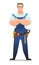 Man in overalls. Service guy. Handyman, locksmith or repairman. Cheerful person. Standing pose. Cartoon comic style flat