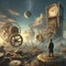 A man overlooks a steampunk cityscape with intricate gears and a towering clock under a celestial sky