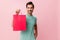 Man package pink surprise bag shopper client sale lifestyle holiday gift shop buy