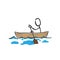 Man in paddle boat in the sea. paddle boating sports. Hand drawn. Stickman cartoon. Doodle sketch, Vector graphic illustration