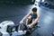 Man paddling on gym machine training alone