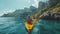 a man paddling in the water on two orange kayaks