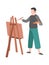 Man paints. Cartoon male character draws on easel, talent painter with artwork and paintbrush, creative profession and