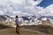 Man with panoramic view. Hiking scene in Vinicunca, Cusco region, Peru. Montana of Seven Colors, Rainbow Mountain