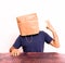 Man with paper bag on his head satisfied with his personal achievement, isolated
