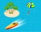 Man parasailing with parachute behind the motor boat. Creative vacation concept. Water Sports. Parachute sailing, Fun in