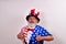 Man in patriotic costume is gesturing